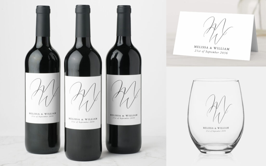 Elegant Monogram Black & White Wedding Personalized Wine Labels, Glass, Place Card