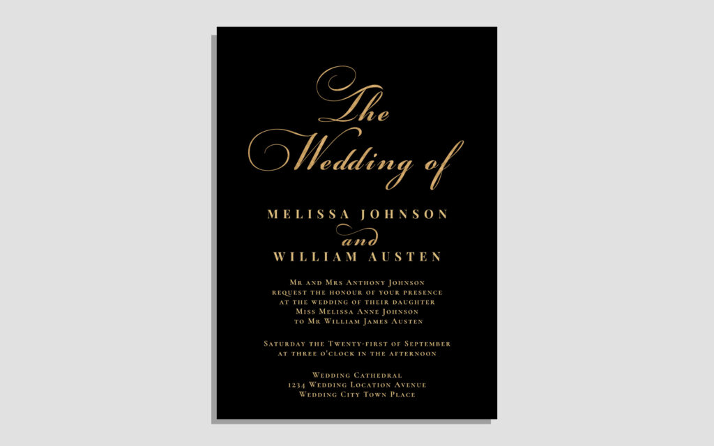 Elegant Black Gold Wedding Invitation designed by Austen and Grace