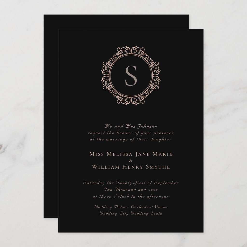 Black Elegant Monogram Copper Blush Black Wedding Invitation (Front_Back)