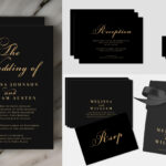 Gold Script Black Wedding Invitation Suite