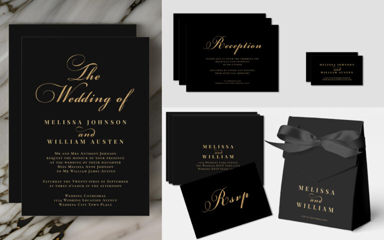 Black and Gold Wedding Invitation Suite Collection by Austen and Grace