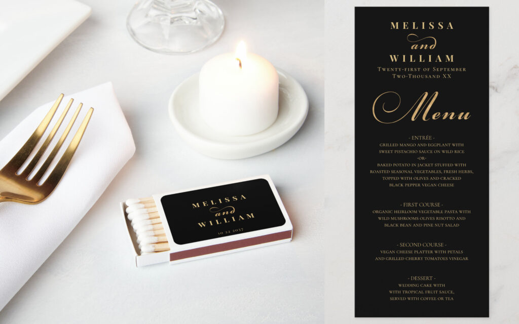 Personalized Gold Text Black Wedding Menu Matchboxes