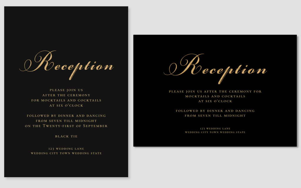 Black Gold Wedding Reception Cards by Austen & Grace