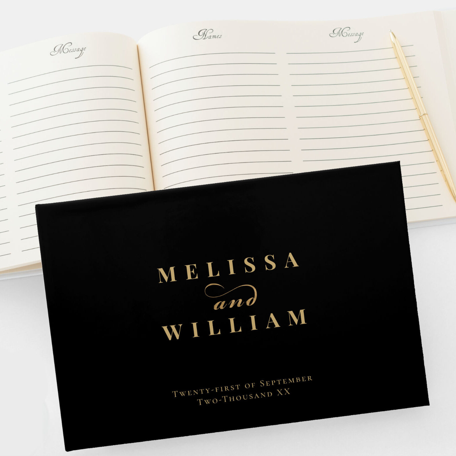 Elegant Black & Gold Script Wedding Guestbook