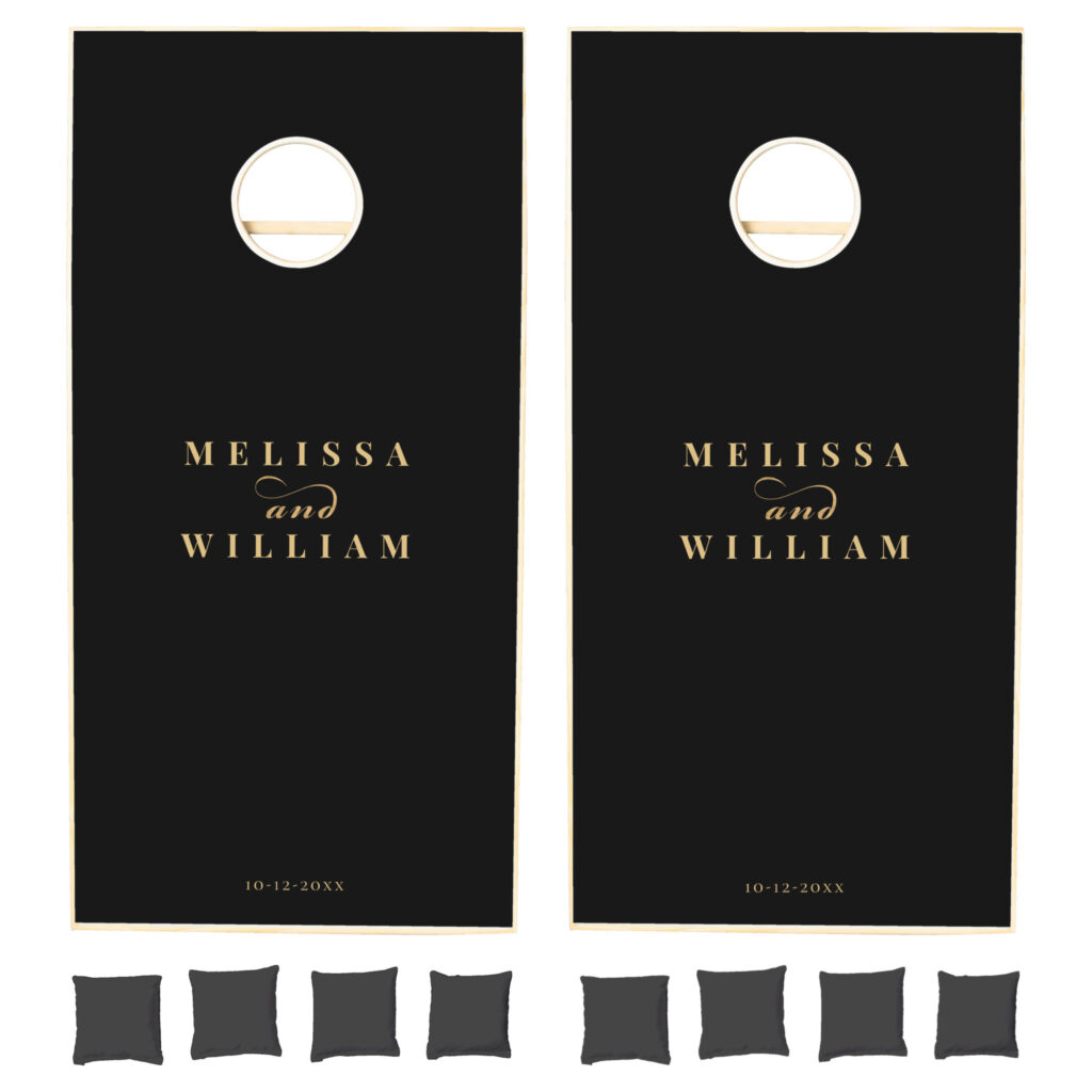 Elegant Personalized Gold Script Designer Black Wedding Cornhole Set