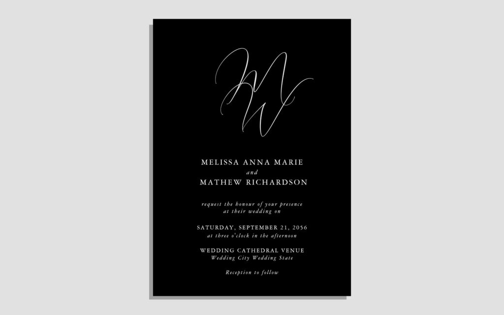 Elegant Modern Monogram Black White Wedding Invitation Designed by Austen and Grace