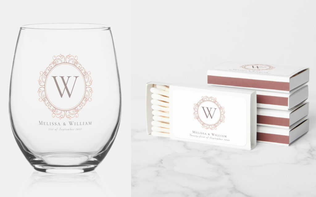 Elegant Monogram Wedding Glass Matches Monogrammed Matchboxes