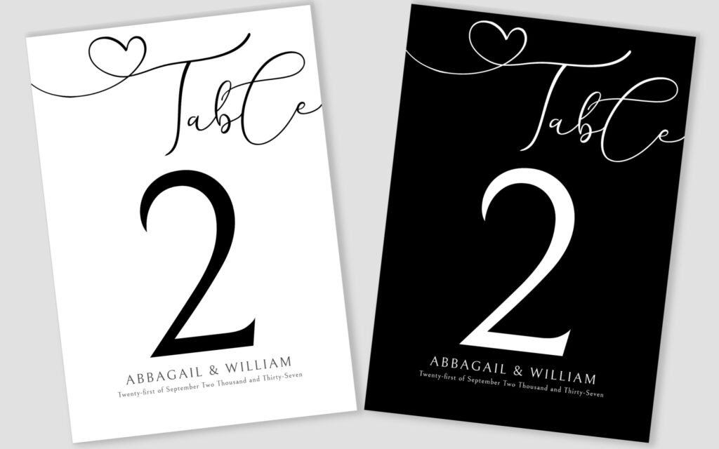 Elegant Table Number Script Black & White Wedding Invitation Suite Day of Stationery