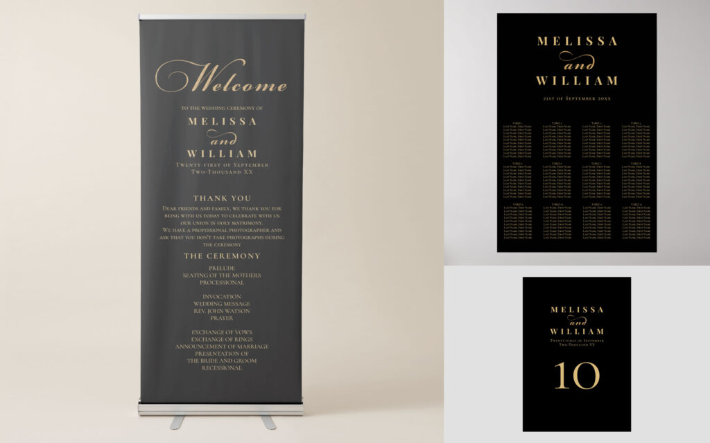 Black Wedding Suite Welcome Sign, Seating Chart, Table Number Card