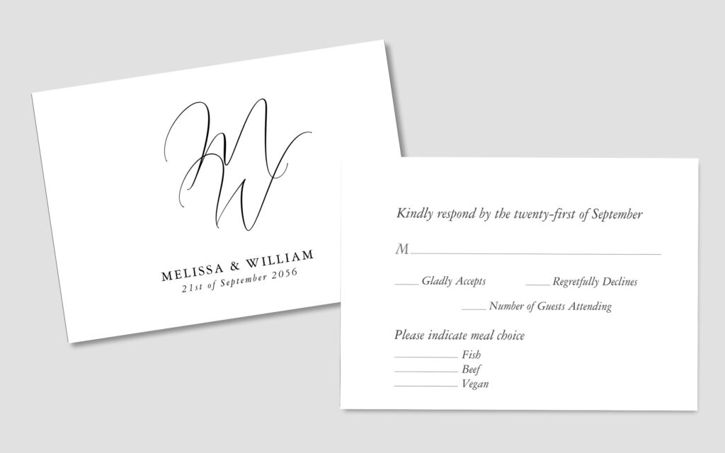 Modern RSVP Monogram Black & White Wedding Invitation Cards Front & Back. Back shows custom meal options.