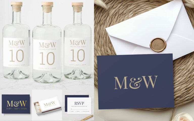 Modern Double Initial Monogram Wedding Invitation Suite by Austen & Grace. Showing Table Number Bottle Lables, Gold Foild Guestbook, Personalized Matchbox, RSVP Card, and Wedding Invitation